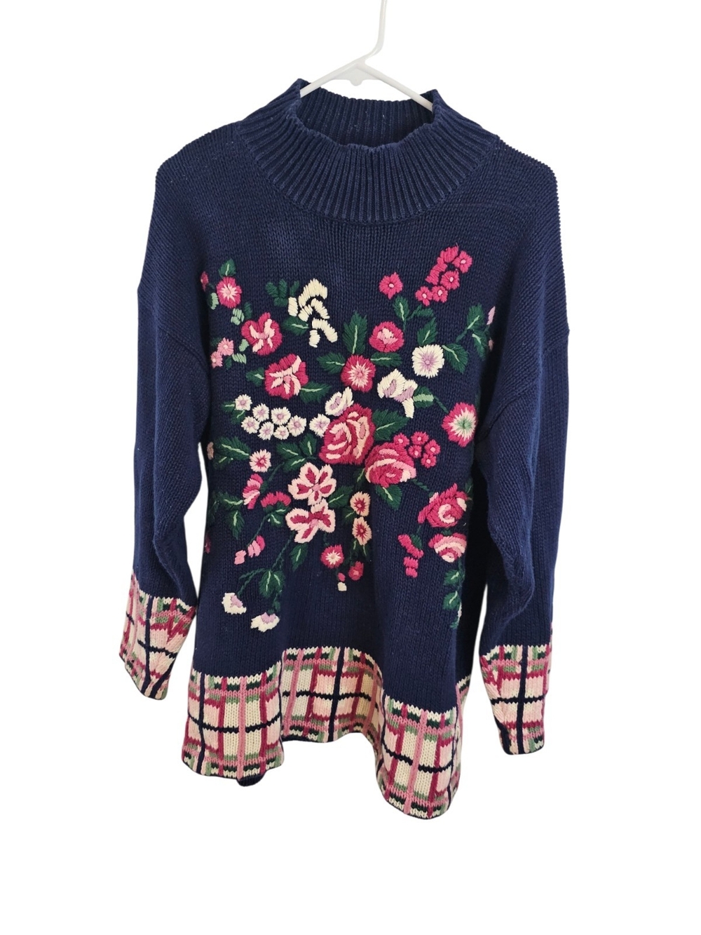 Vintage Size M 90s Cottagecore Floral Plaid Knit Mock Neck Sweater